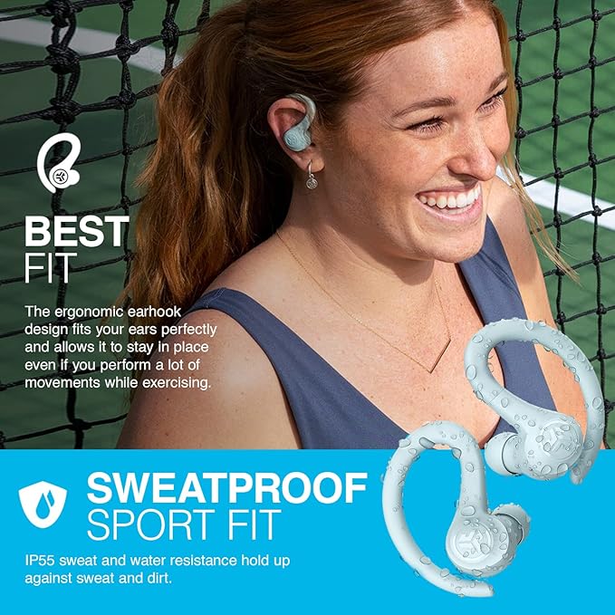 JLab Go Air Sport True Wireless Earbuds, Light Blue, Featuring C3 Clear Calling, Secure Earhook Sport Design, 32+ Hour Bluetooth Playtime, and 3 EQ Sound Settings