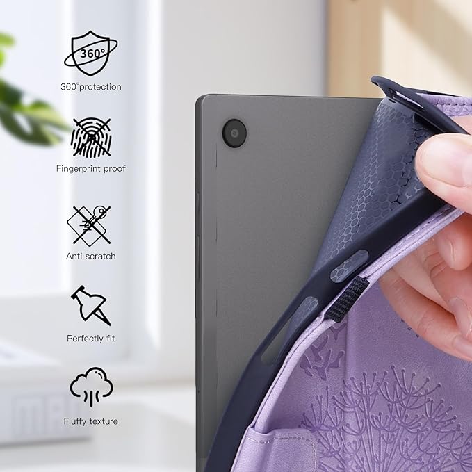 Dandelion Cover for Galaxy Tab A9 Plus Case (SM-X210/X216/X218, 11 Inch 5G), Artsy Design, Premium Faux Leather Made, Card Slots, Kickstand, Purple