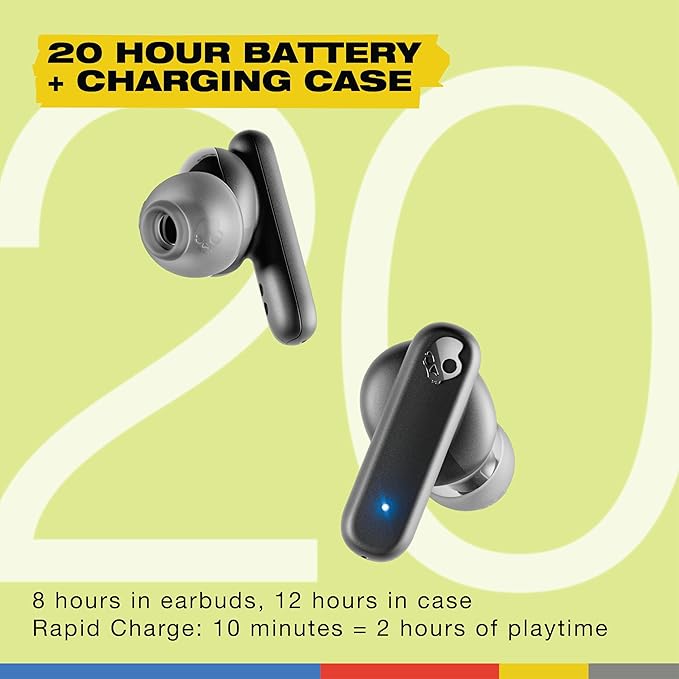Skullcandy Smokin’ Buds Wireless Earbuds, Bluetooth Headphones, Noise Isolating Fit, Up to 20 Hours Battery, IPX4 Sweat and Water Resistant, Microphone for iPhone Android - True Black