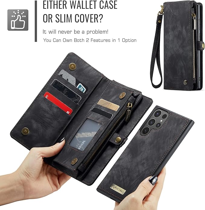 SZHAIYU 2 in 1 Detachable for Samsung Galaxy S25 Ultra Wallet Case with Card Holder, Retro Premium Flip Leather Cover Magnetic Zipper Pocket Phone Cases 6.8'' (Black, S25 Ultra)