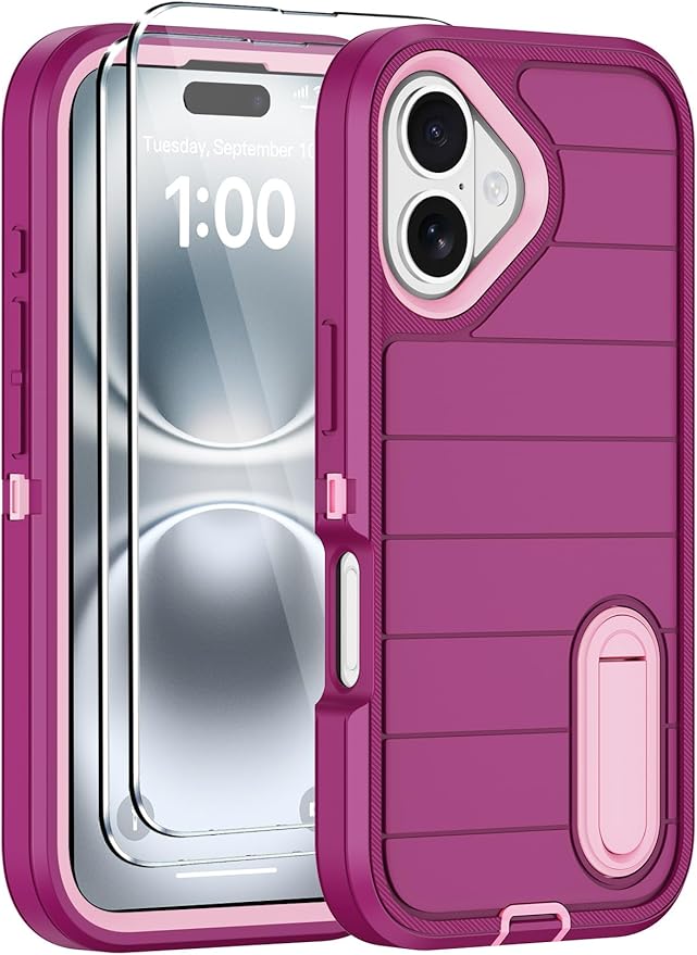 for iPhone 16 Case with 2 Screen Protectors,Heavy Duty Shockproof Drop Protection Military Grade Tri-Layer Rugged Cell Phone Cover with Built-in Invisible Kickstand 6.1“ (Purple)