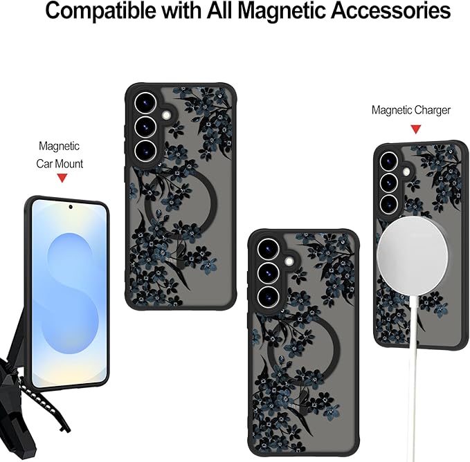 Fiyart Designed for Samsung Galaxy S25 Plus Case Matte Flowers Design Compatible with MagSafe Wireless Charging,Cute Floral Anti-Scratch Translucent Phone Cover for Women Girls 6.7"-Black