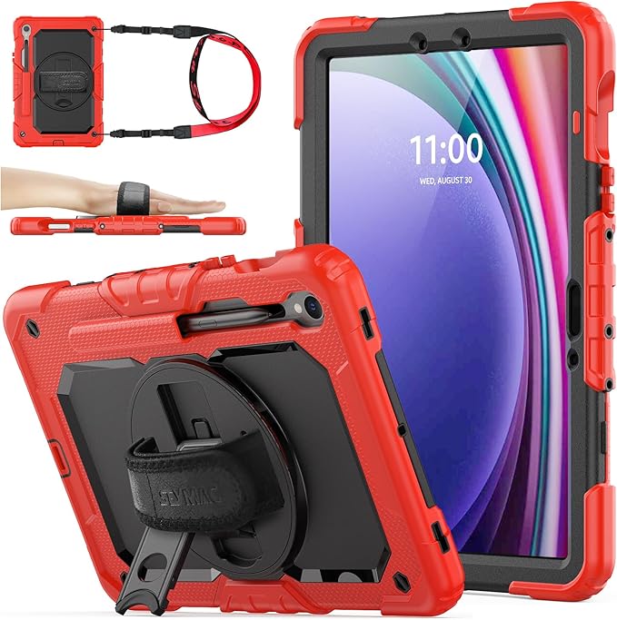 SEYMAC stock Case for Samsung Galaxy Tab S10 Lite / S10 FE / S9 FE 5G / S9 Tablet Case 10.9''/ 11'' Protective with Screen Protector, Pen Holder, 360 Rotate Stand, Hand Strap, Shoulder Strap, Red