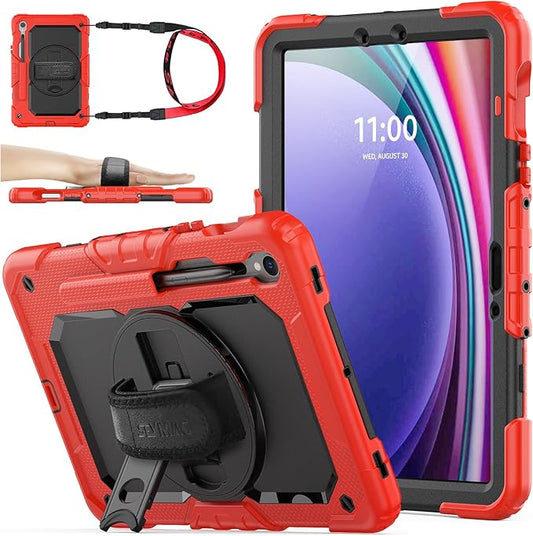 SEYMAC stock Case for Samsung Galaxy Tab S10 Lite / S10 FE / S9 FE 5G / S9 Tablet Case 10.9''/ 11'' Protective with Screen Protector, Pen Holder, 360 Rotate Stand, Hand Strap, Shoulder Strap, Red