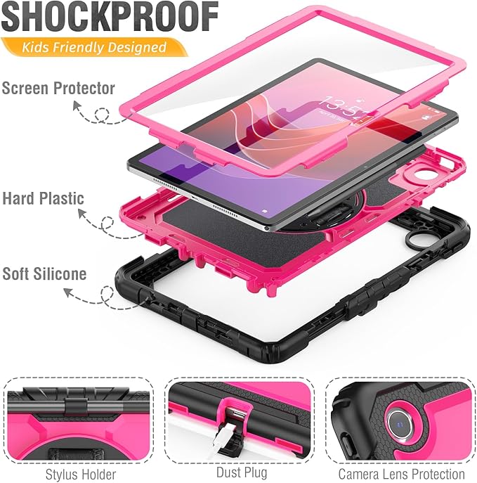 HXCASEAC Case for Lenovo Tab M11/K11 LTE 11’’ with Screen Protector/Pen Holder/Rotating Hand Strap/Stand, Protective M11 Tablet Case (TB-330FU/TB-330XU) Cover 2024, Rose