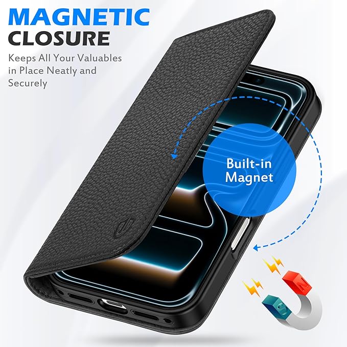 SHIELDON Case Wallet for iPhone 17 6.3 Inch 5G 2025 | Genuine Leather, Magnetic Closure, Kickstand, RFID Blocking Credit Card Holder, Foldable, Shockproof Phone Cover - Pebbled Black