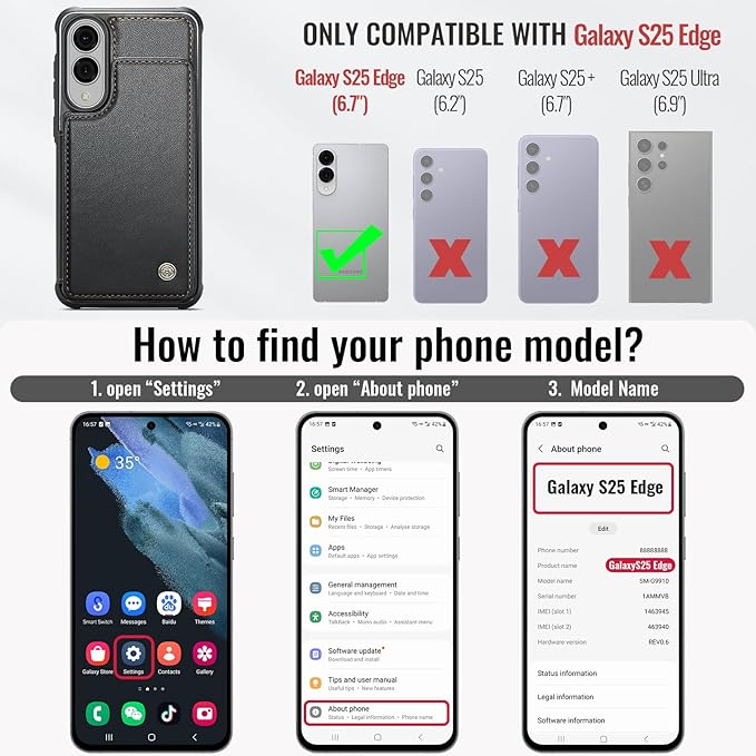 Vinich for Samsung Galaxy S25 Edge Wallet Case with Card Holder, RFID Blocking Credit Slots Kickstand Shockproof Phone Cover for Women Men, Black