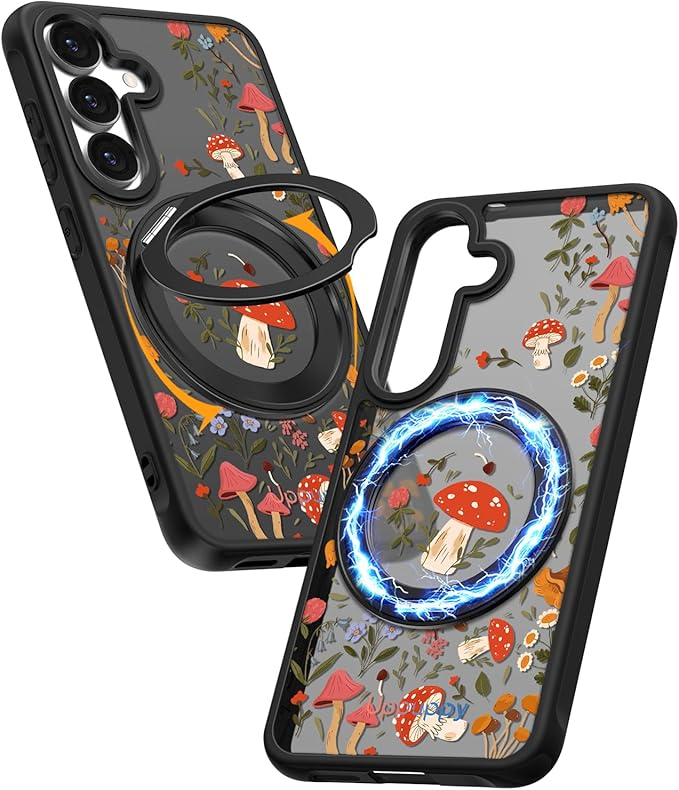 for Samsung Galaxy S25 Case with 360° Rotatable Magnetic Ring - Compatible with MagSafe, Semi-Transparent Anti-Fingerprint Soft-Touch Material Shockproof, Cute Mushroom Design for Women Girl