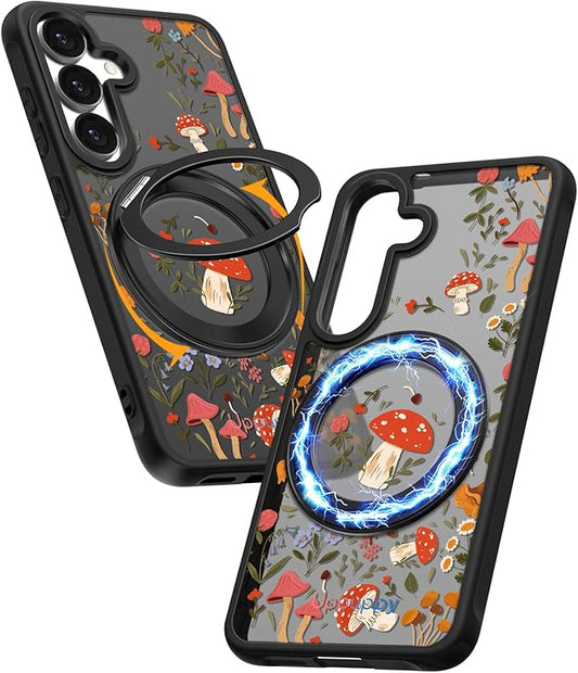 for Samsung Galaxy S25 Case with 360° Rotatable Magnetic Ring - Compatible with MagSafe, Semi-Transparent Anti-Fingerprint Soft-Touch Material Shockproof, Cute Mushroom Design for Women Girl