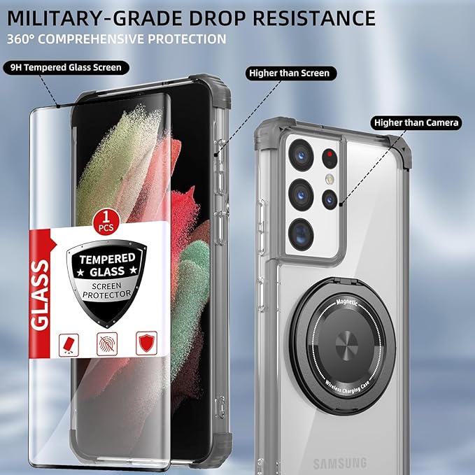 for Samsung Galaxy S21 Ultra Case Magnetic Compatible with MagSafe Wireless Charging,for S21 Ultra Case Built-in Kickstand Ring,with Screen Protector Military Grade Protection Shockproof Black