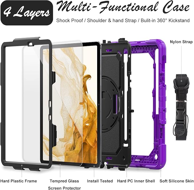 Case for Samsung Galaxy Tab S8/S7 11-inch 5G Tablet Case 2022/2020, [with 9H Tempered Glass Screen Protector], Rotating Kickstand, Hand & Shoulder Strap, S Pen Holder (Purple)