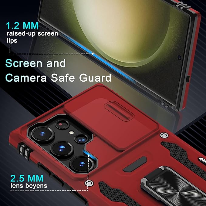 DEERLAMN Case for Samsung Galaxy S25 Ultra with Slide Camera Cover+Screen Protector (1 Pack), Rotated Ring Kickstand Military Grade Shockproof Protective Cover-Red
