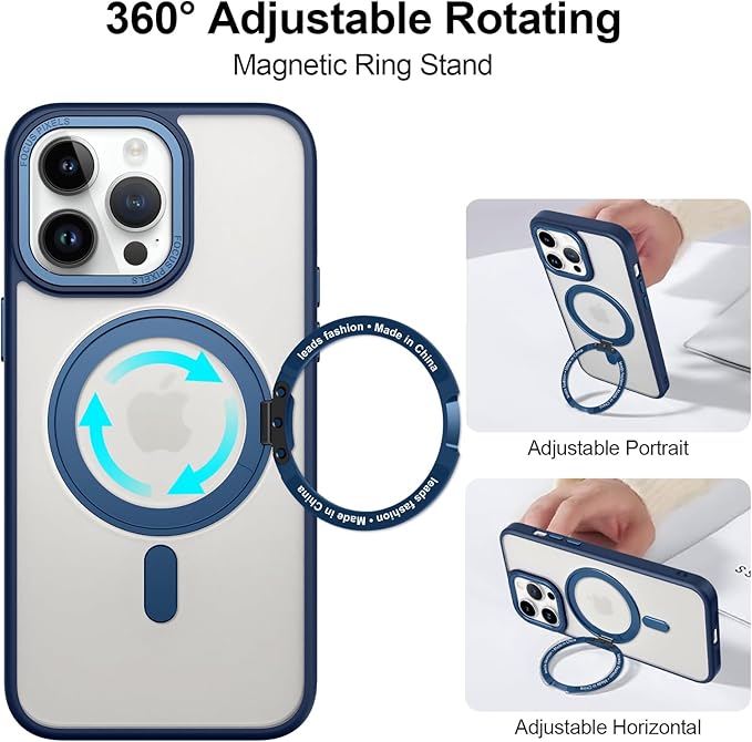 ZIYE Magnetic Case for iPhone 14 Pro Case with Stand [Compatible with MagSafe] Slim Shockproof Military Grade Heavy Duty Cover with 360 Rotatable Ring Kickstand for Women Men, Translucent Blue
