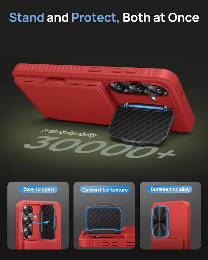 for Samsung Galaxy S25 Case with Card Holder, Built-in Stand & Camera Lens Cover, Shockproof Rugged Silicone Raised Edge Protective Wallet Protective Phone Case for Samsung S25 5G 2025, Red