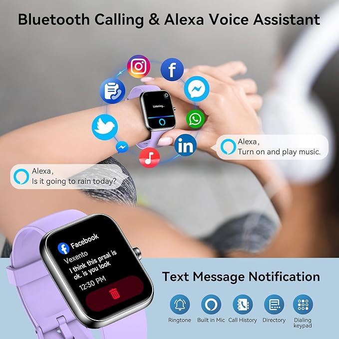 Smart Watch with Alexa Built-in, 1.83" HD Touchscreen & Fitness Tracker with Message Call Function, 24/7 Heart Rate/Sleep Monitor, 120+ Sport Modes, IP68 Waterproof, for Android iPhone (Purple)