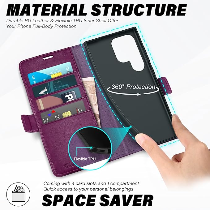 TUCCH Case Wallet for Galaxy S25 Ultra, Kickstand [RFID Blocking] Card Holder, Folio Magnetic PU Leather [TPU Shockproof Interior Case] Protective Cover Compatible with Galaxy S25 Ultra, Plum Purple