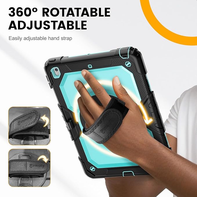 Timecity Case for iPad 9th/ 8th/ 7th Generation 10.2 inch - Heavy Duty Protective Cover with Screen Protector, Rotating Stand, Shoulder Strap & Pencil Holder | Kids-Friendly (Blue)