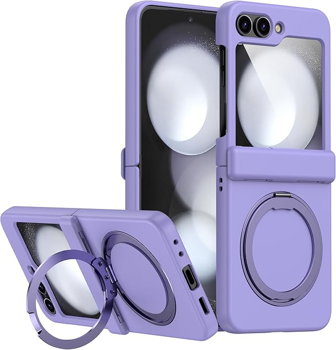 Magnetic Case for Samsung Galaxy Z Flip 5 Compatible with Magsafe, Built-in Kickstand & TPU Hinge Protection Flip 5 Case, Matte PC Cover Ultra Shockproof Phone Case for Z Flip5 (Light Purple)