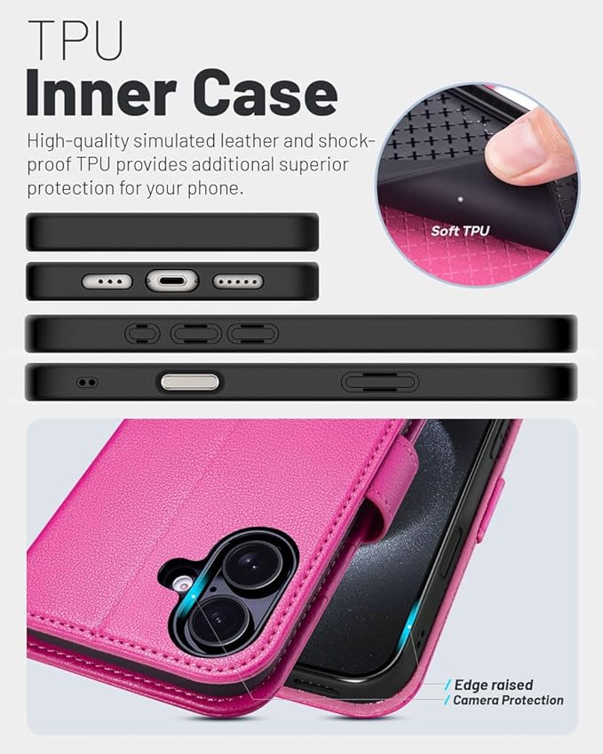 OCASE Compatible with iPhone 16 Wallet Case, PU Leather Flip Folio Case with Card Holders RFID Blocking Kickstand [Shockproof TPU Inner Shell] Phone Cover 6.1 Inch 2024, Rose