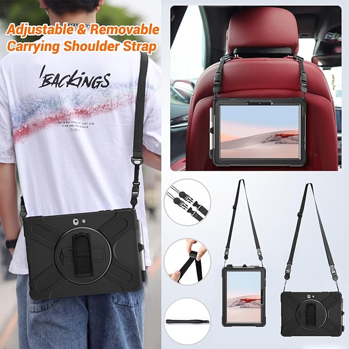 DreamerX for Microsoft Surface Go 4/3/2/1 Case (2023/2021/2020/2018), Heavy Duty Military Grade Rugged Shockproof Kids Friendly Drop Protection Cover w/Rotating Stand Hand Strap Shoulder Strap, Black