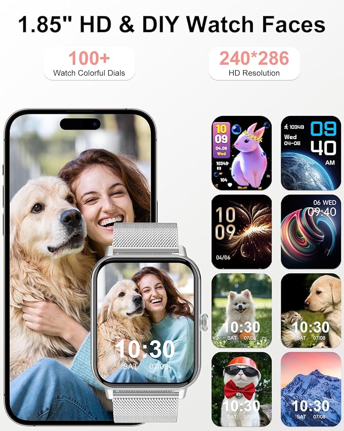 Smart Watch for Women with Bluetooth Call Answer/Dail,1.85" DIY Dial Fitness Watch with Heart Rate Sleep Monitor Step Counter 120+ Sports Modes Waterproof Women's Smart Watch for Android iOS (Silver)