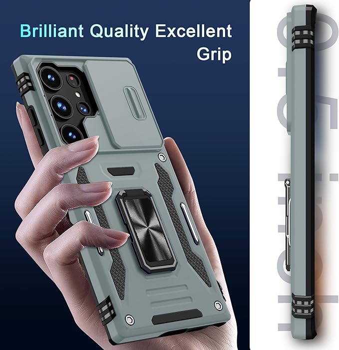 DEERLAMN Case for Samsung Galaxy S25 Ultra with Slide Camera Cover+Screen Protector (1 Pack), Rotated Ring Kickstand Military Grade Shockproof Protective Cover-Grey