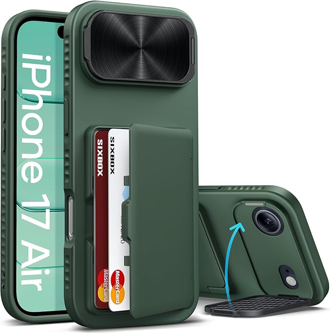 for iPhone Air Case Wallet with Stand, Built-in Card Holder & Camera Cover, Military Grade Drop Protection Raised Edge Rugged Hard Protective Phone Cover Case for iPhone Air 6.5" 2025, Green