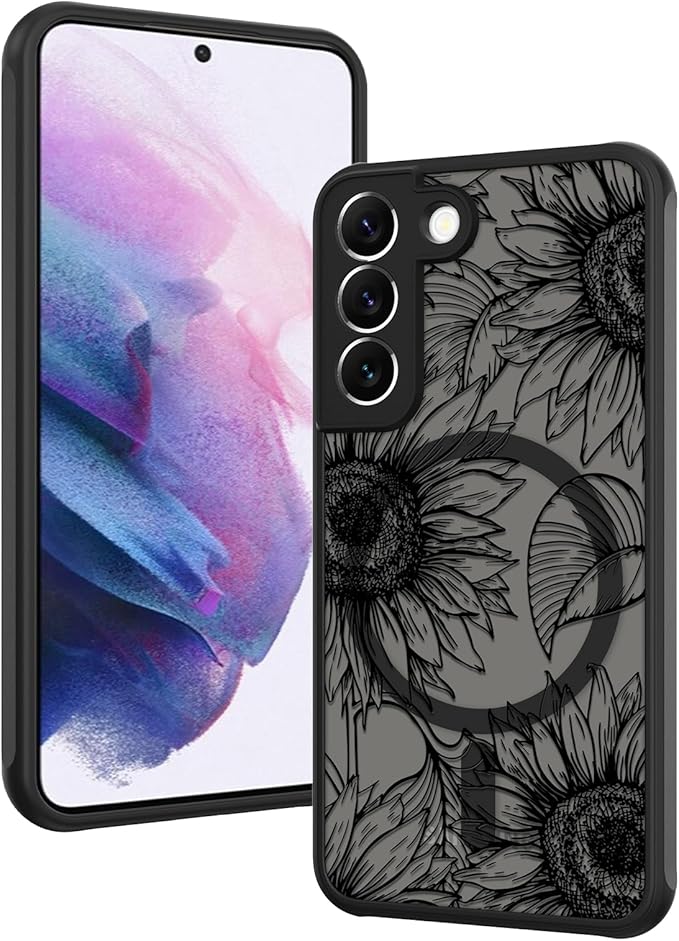 Fiyart Designed for Samsung Galaxy S21 Case Matte Flowers Design Compatible with MagSafe,Cute Sunflowers Anti-Scratch Translucent Phone Cover for Women Girls 6.1"-Black
