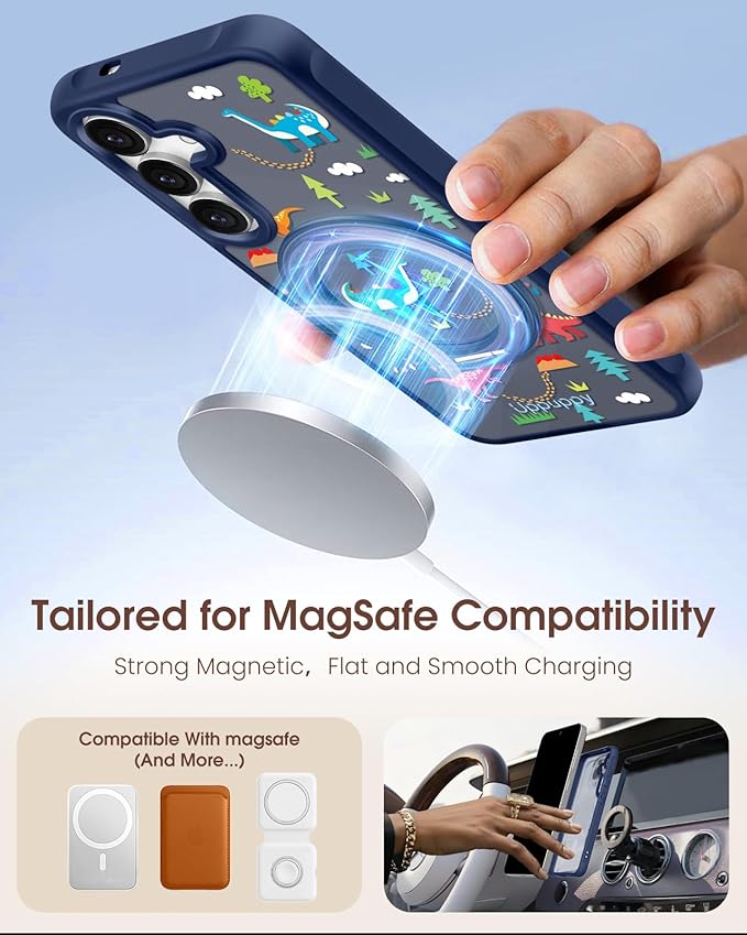 for Samsung Galaxy S25 Case with 360° Rotatable Magnetic Ring - Compatible with MagSafe, Semi-Transparent Anti-Fingerprint Soft-Touch Material Shockproof, Cute Dinosaur Design for Women Girl