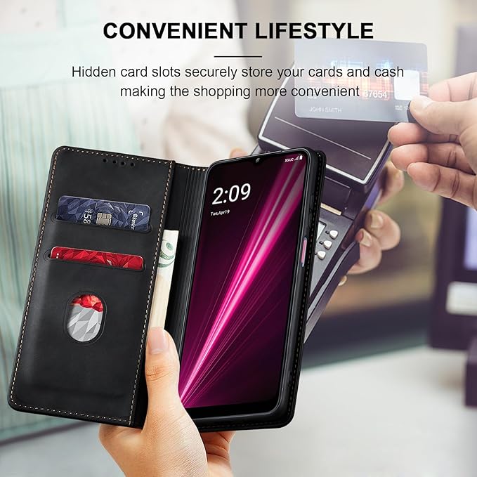 Jasonyu Flip Wallet Case for T-Mobile Revvl 6/6X 5G,Leather Magnetic Folio Cover with Card Holder,Kickstand - TPU Shockproof Durable Protective Phone Case,Black