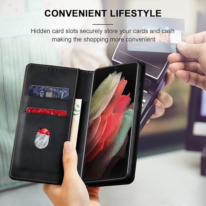 Jasonyu Flip Wallet Case for Samsung Galaxy S21 Ultra 5G,Leather Magnetic Folio Cover with Card Holder,Kickstand - TPU Shockproof Durable Protective Phone Case,Black