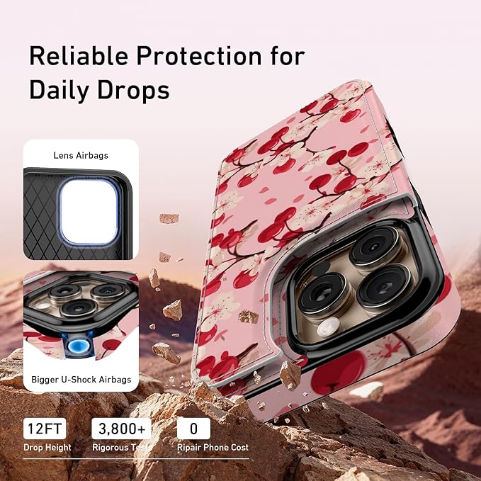 FUNMIKO for iPhone 16 Pro Wallet Case with Card Holder, RFID-Blocking, Military-Grade Protection & UV-Printed Artwork, Magnetic Closure with Leather Kickstand - Cherry Blossom