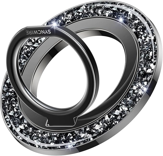 SYNCWIRE Magnetic Phone Ring Holder for MagSafe - Glitter Phone Grip Stand with 360° Rotation & Reinforced Hinge, Compatible with iPhone 16 15 14 13 Pro Max Plus MagSafe Accessories - Glitter Black