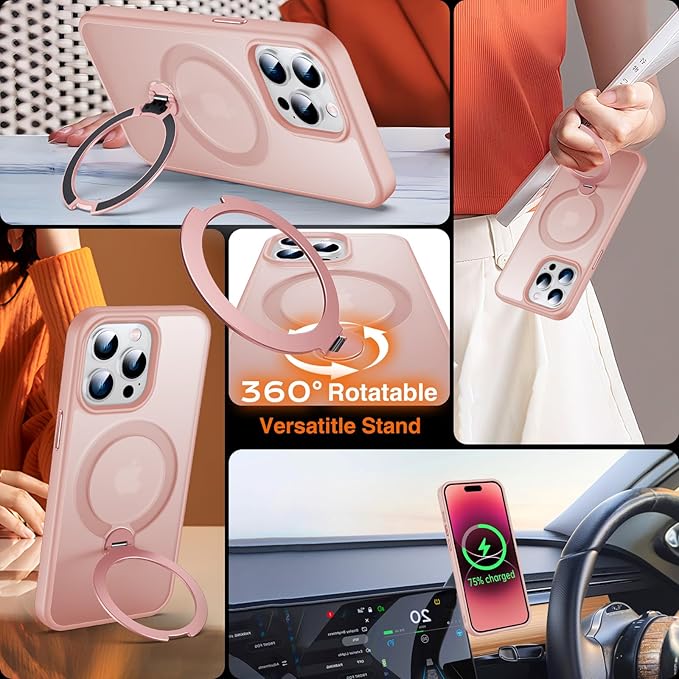360° O-Ring MagStander for iPhone 14 Pro Case with Magnetic Kickstand Ring Holder [Compatible with MagSafe][360°Rotate Stand Ring][Military Shockproof] iPhone 14 Pro Phone Cover Matte Pink