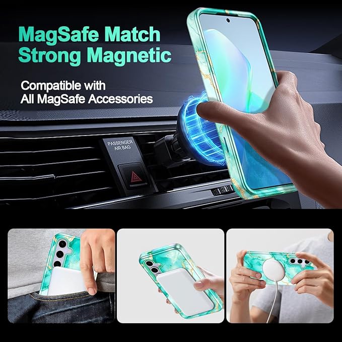 Casetego for Galaxy S25 FE Case,Compatible with MagSafe,[Military Grade Drop Test] Full Body Protection Slim Shockproof Rugged Marble Women Case for Samsung Galaxy S25 FE 6.7 inch,Turquoise