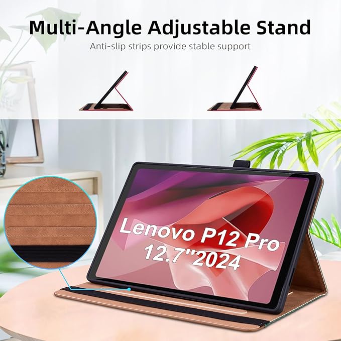 Case for Lenovo Xiaoxin Pad Pro 12.7" 2025 Retro Folio Cover for Xiaoxin Pad Pro 12.7 inch with Hand Strap,Multi-Angle Stand Cover PU Leather with Card Pocket,Retro Green