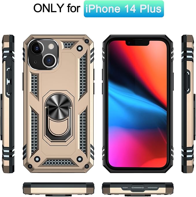 ADDIT Phone Case for iPhone 14 Plus Case,with Kickstand Ring,Adjustable Stand,Military Grade,Heavy Duty Protection,Shockproof,Anti-Fingerprint,Support Magnet Car Mount,Gold