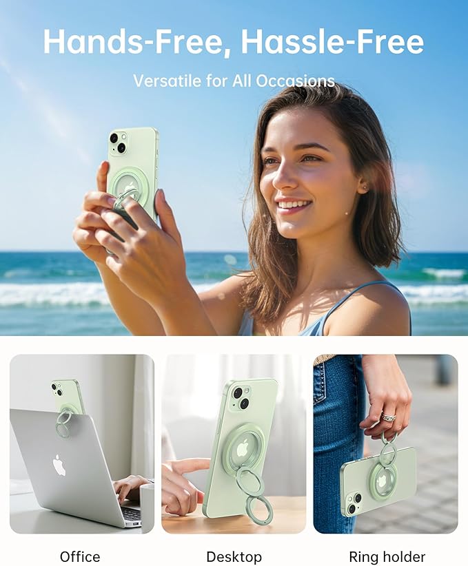 SYNCWIRE Magnetic Phone Ring Holder for MagSafe, 360° Rotation Dual Sided Magnet Grip Cell Phone Ring Stand Finger Kickstand Compatible with iPhone 16 15 14 13 12 Pro Max fits MagSafe - Green