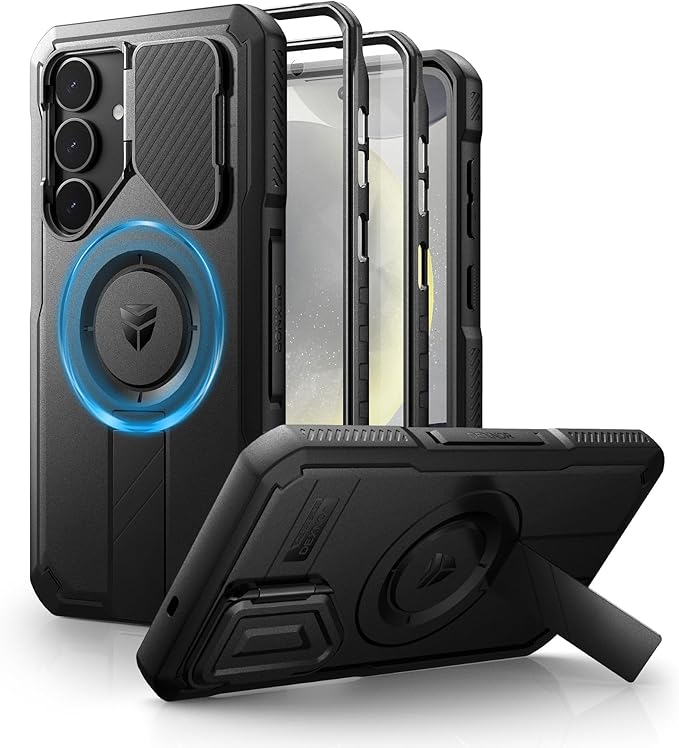Dexnor for Samsung Galaxy S25 Plus Case with Camera Cover & Adjustable Kickstand & Built-in Screen Protector, Magnetic Rugged Shockproof Bumper Cases Heavy-Duty Magnetic Protective Cover (2025),Black