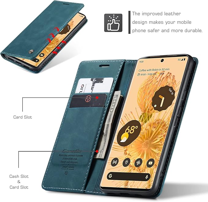 for Google Pixel 6 Pro Case, Flip Wallet Leather Case with Card Holder Magnetic Closure Shockproof Kickstand Protective Phone Cases Cover for Google Pixel 6 Pro,Blue-Green