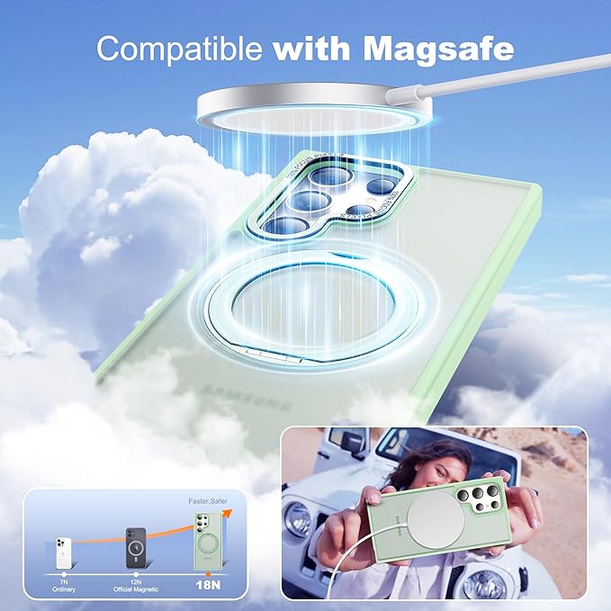 Compatible with Samsung Galaxy S24 Ultra Case with 360Rotatable Magnetic Ring Stand Compatible with Mag-Safe Military Protection Matte Translucent Phone Cases for S24 Ultra 6.8",Green