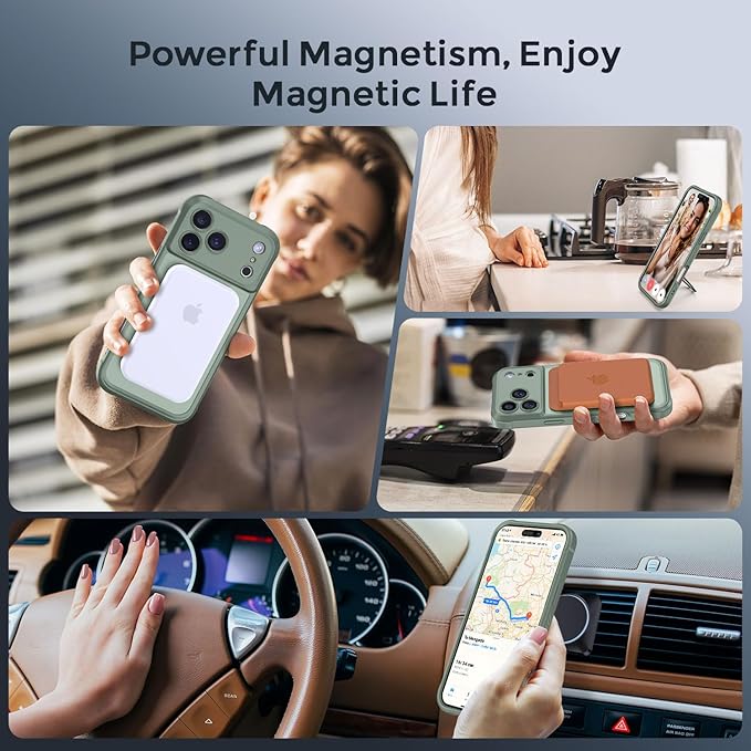 MOCCA Compatible with iPhone 17 Pro Case with Magnetic Invisible Stand [Full Camera Protection] [Compatible with Magsafe] Military Drop Shockproof Translucent Matte Phone Case Cover 6.3",Calke Green