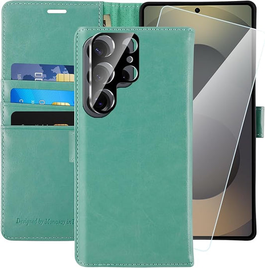 MONASAY Wallet Case Fit for Samsung Galaxy S25 Ultra 6.9 inch, [Lens & Glass Screen Protector Included] [RFID Blocking] Flip Folio Leather Cell Phone Cover with Credit Card Holder, Mint