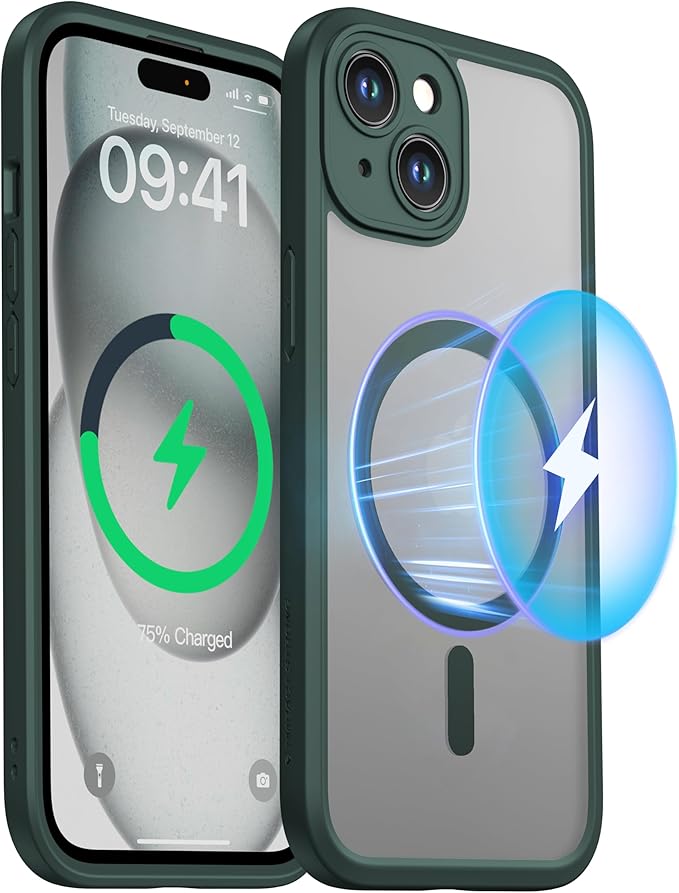 ImpactStrong Magnetic Guard Designed for iPhone 15 Case [Camera Protection] [Military Grade Drop Tested] [Compatible with MagSafe] Slim Translucent Matte Phone Case (6.1") - Dark Green