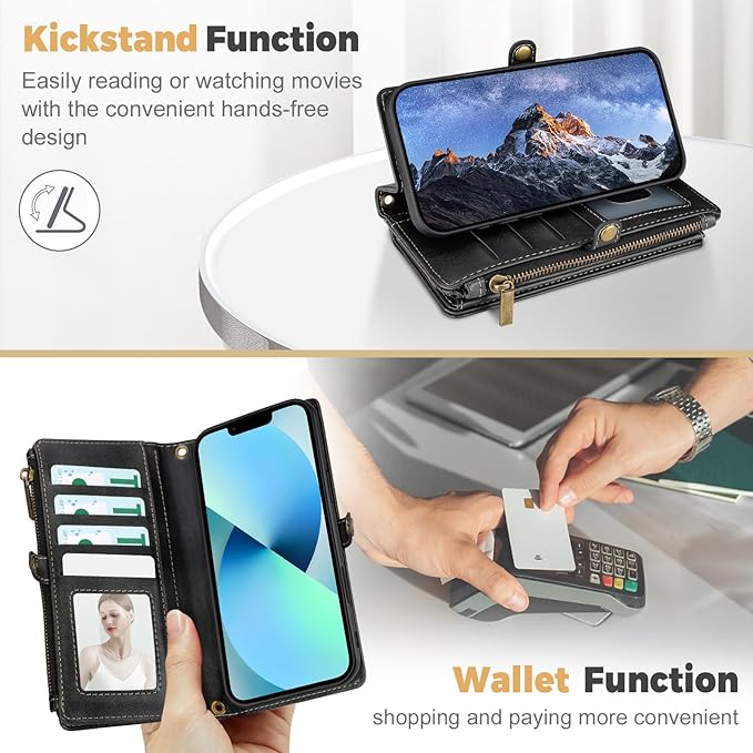 for iPhone 13 Wallet Phone Case with 7 Card Holder,RFID Blocking | PU Leather | Kickstand | Flip | Wrist Strap&Shoulder Strap | Shockproof | Zipper Wallet | Women Men | 6.1" | Black