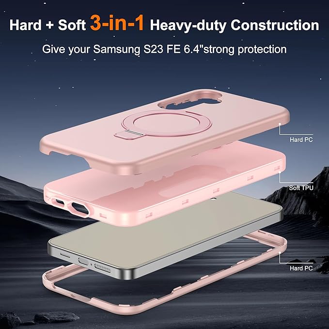 Designed for Samsung Galaxy S23 FE Case with Magnetic Ring Stand [Compatible with Mag-Safe][Military Grade Drop Protection][Build in Kickstand] Shockproof S23 FE Phone Case 6.4",Rose Gold