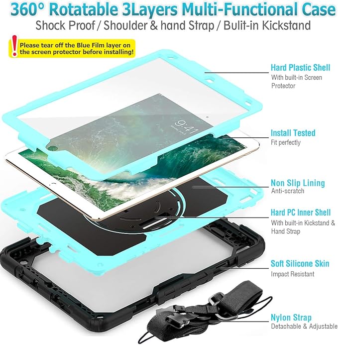 SEYMAC stock Case for iPad Air 3 2019 / Pro 10.5'' with Screen Protector Pen Holder [360° Rotate Hand Strap/Stand], Drop-Proof Case (Brightblue+Black)