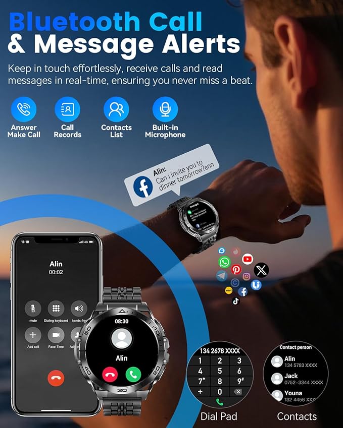 Military Smart Watch with LED Flashlight for Men, 1.6" AMOLED Bluetooth Call Watch, IP68 Waterproof Fitness Tracker with Heart Rate, SpO2, Sleep Monitor, Compatible with Android/iOS