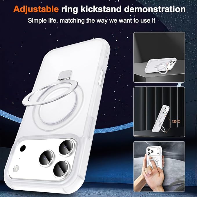 Magnetic Compatible with iPhone 17 Pro Case with Stand [Military Grade Drop Tested][Compatible with Magnet] Ring Translucent Slim Hard Back Soft Edge, Frost White