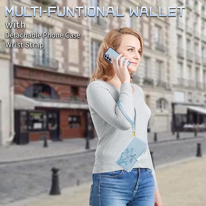 Lacass for Samsung Galaxy S24 FE S24FE Case Wallet,Compatible with MagSafe 2 in 1 Magnetic Detachable PU Leather RFID Blocking Wallet Cover Card Holder Zipper Wrist Strap Lanyard,Floral Sky Blue